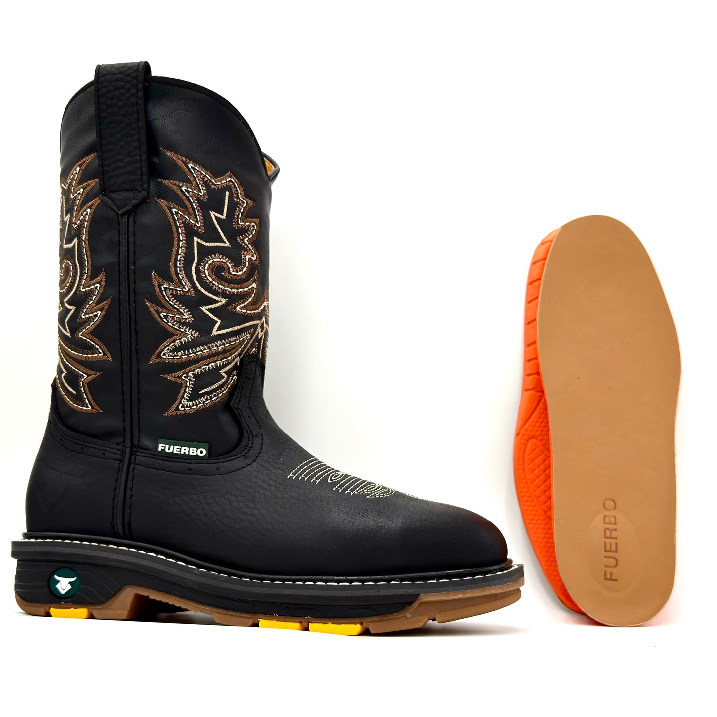 Fuerbo 5061 Black full grain leather rodeo work boot with removable leather-lined insole