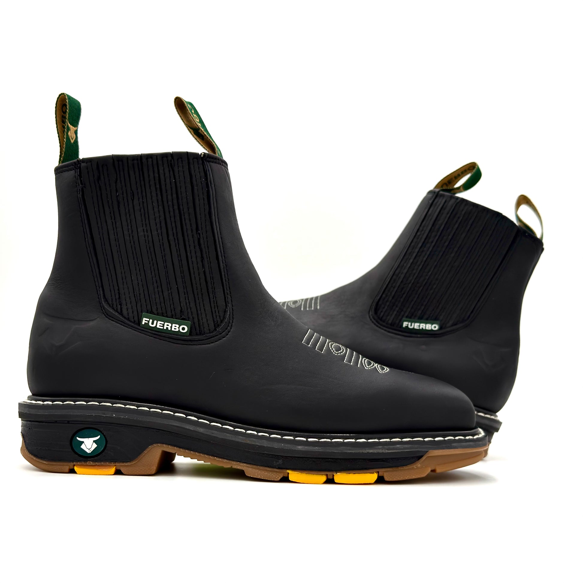 Fuerbo 3076 black slip-on rodeo work boots pair with full grain leather and Goodyear welt sole
