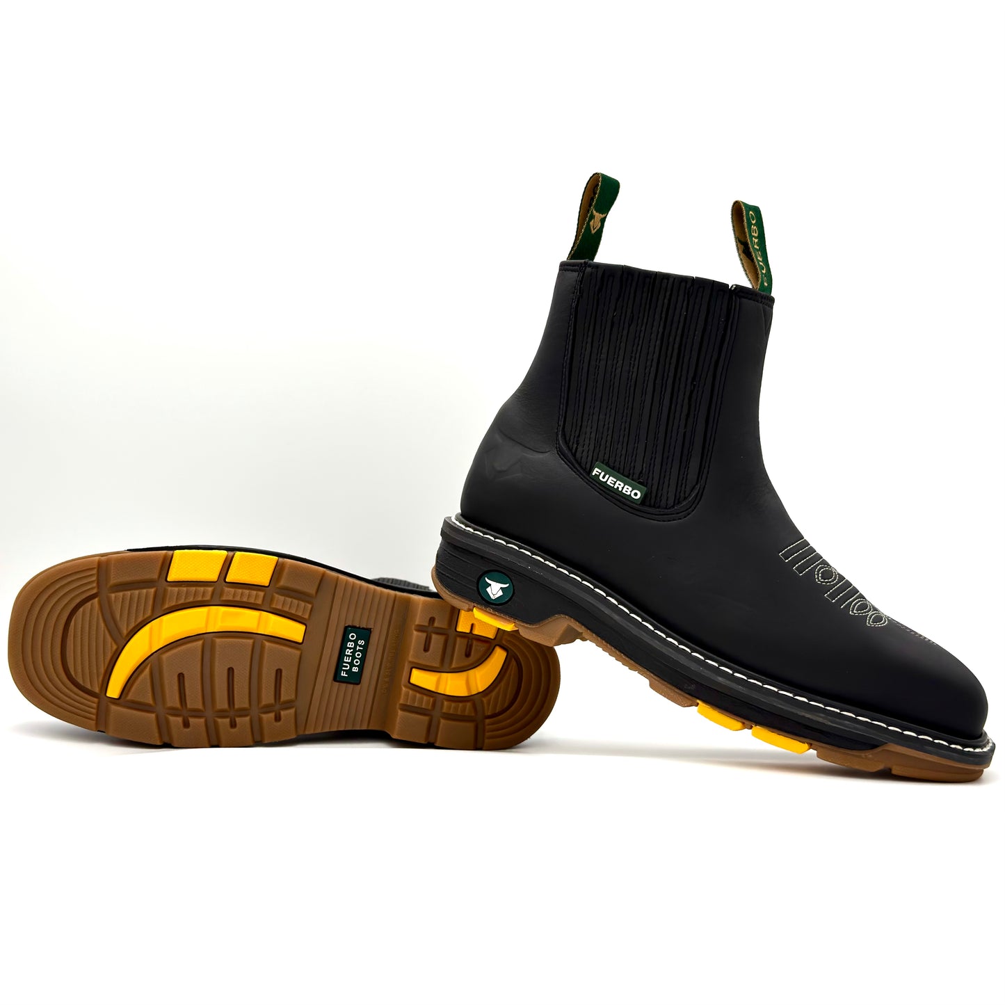 Fuerbo 3076 black square toe rodeo work boot angled view with dual density outsole detail