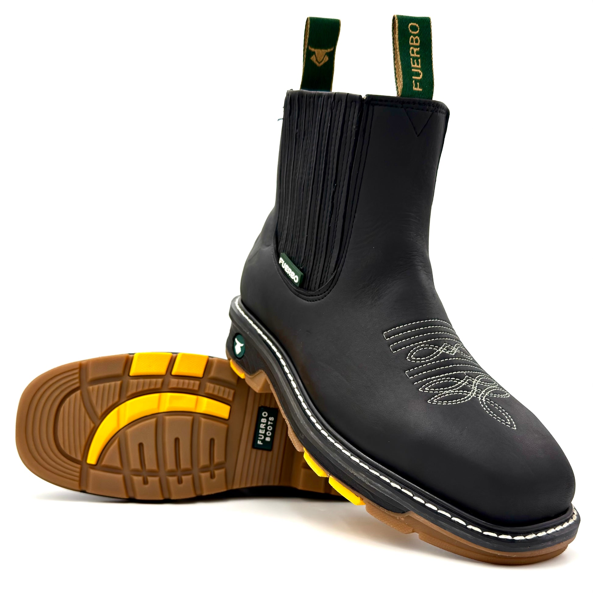 Fuerbo 3076 black square toe rodeo work boot angled front view with dual density outsole