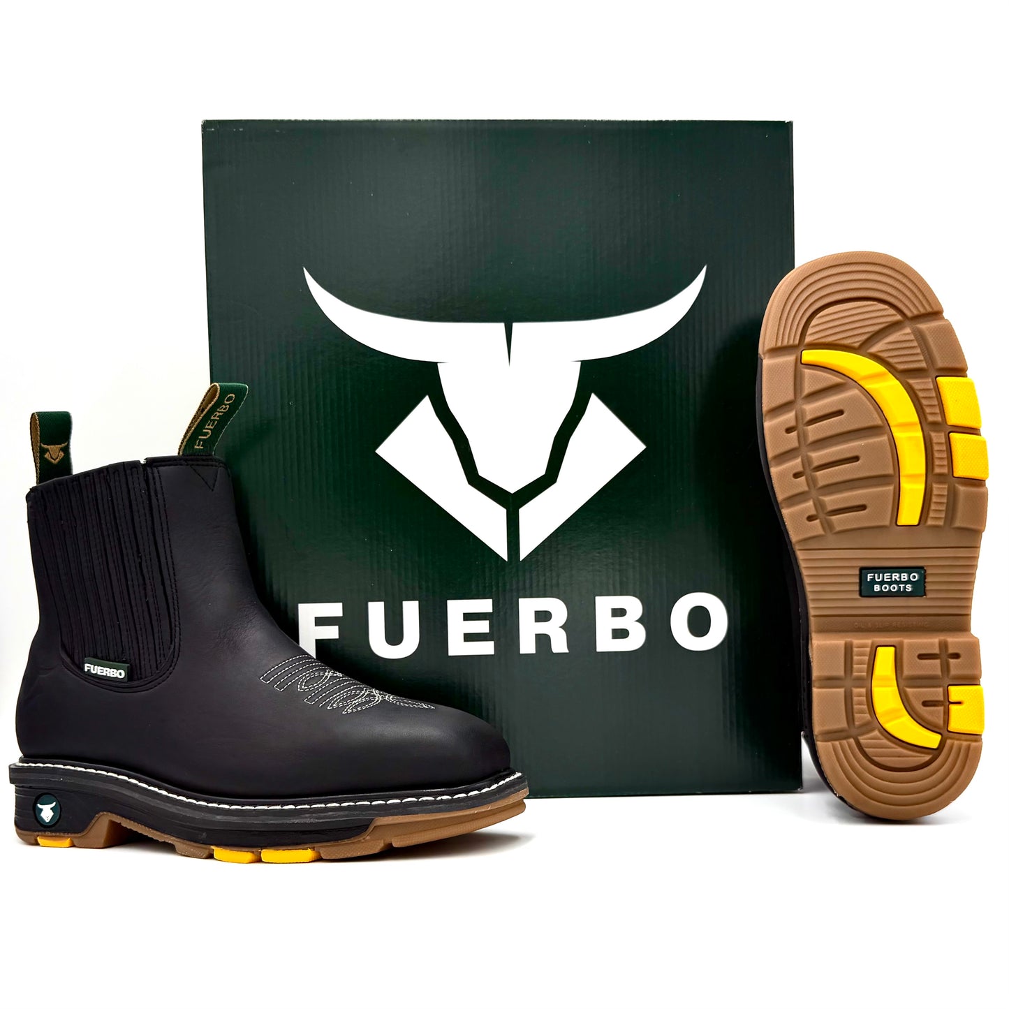 Fuerbo 3076 black square toe rodeo work boot with box and dual density outsole view