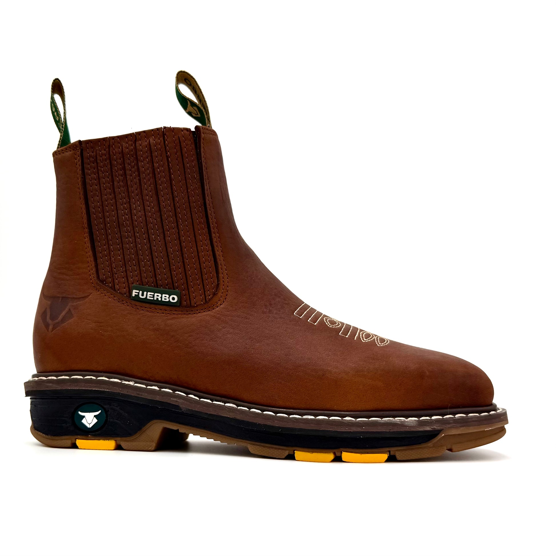 Fuerbo 3076 brown slip-on rodeo work boots pair side profile with square toe and Goodyear welt sole
