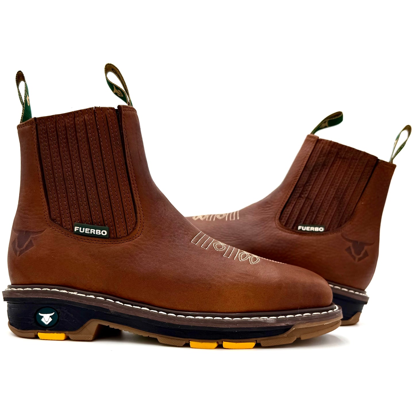 Fuerbo 3076 brown slip-on rodeo work boots pair with full grain leather and Goodyear welt sole