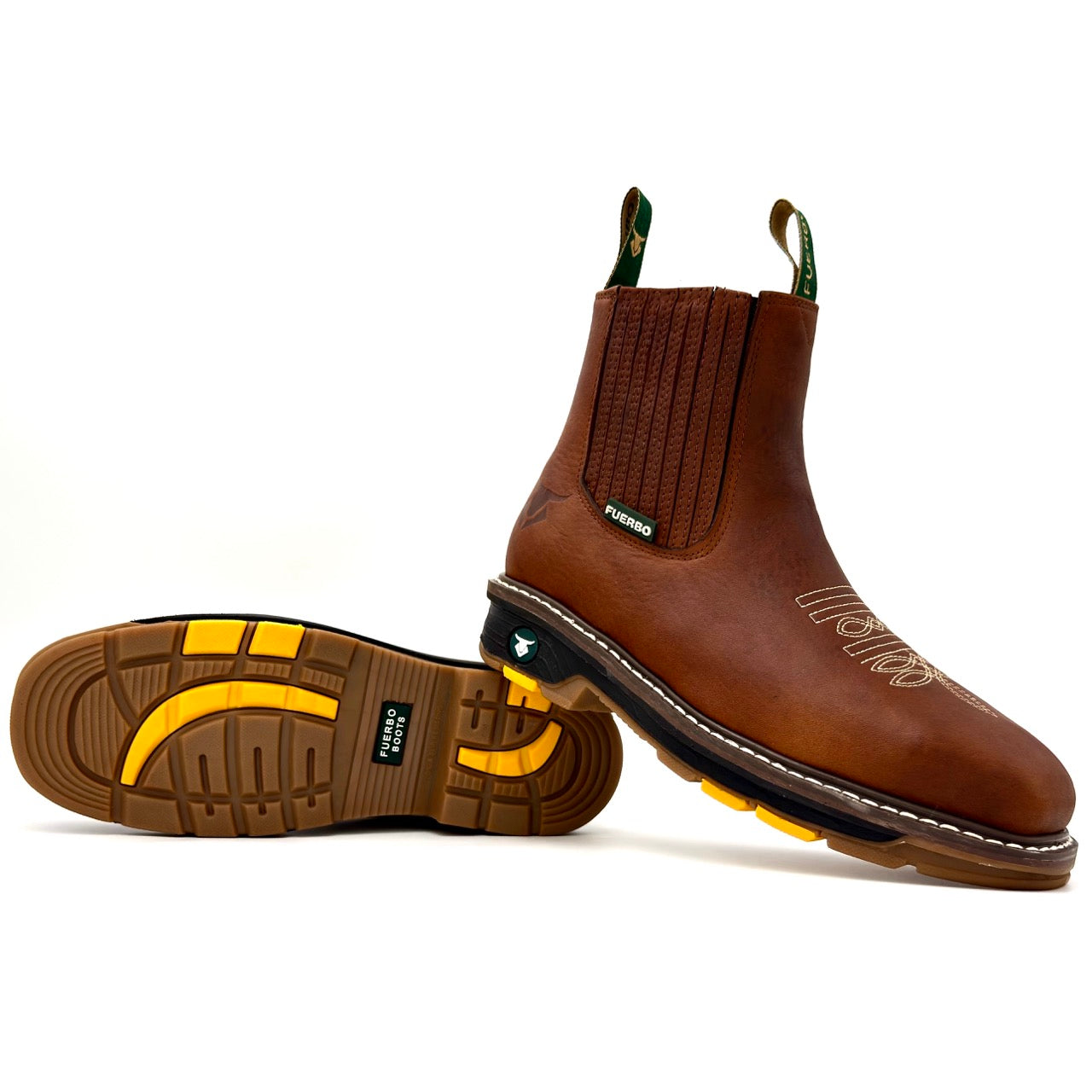 Fuerbo 3076 brown square toe rodeo work boot angled view with dual density outsole detail