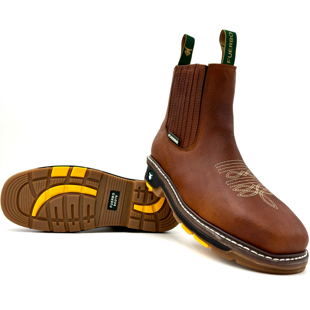 Fuerbo 3076 brown square toe rodeo work boot angled front view with dual density outsole