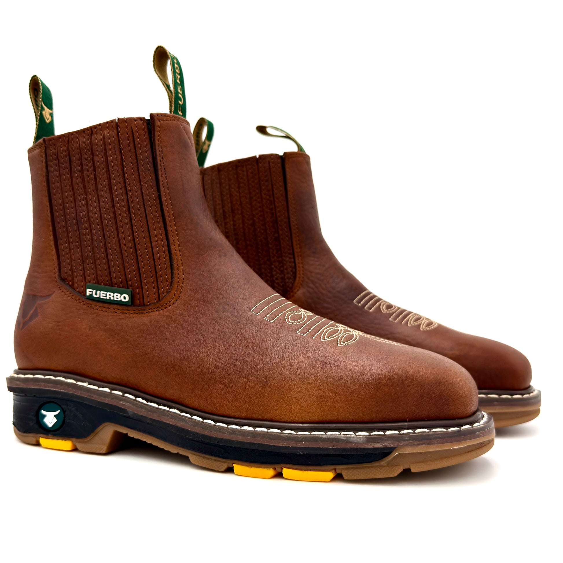 Fuerbo 3076 brown slip-on rodeo work boots pair with square toe and Goodyear welt sole
