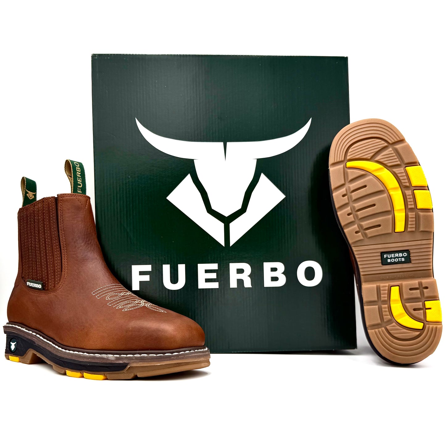 Fuerbo 3076 brown square toe rodeo work boot with box and dual density outsole view