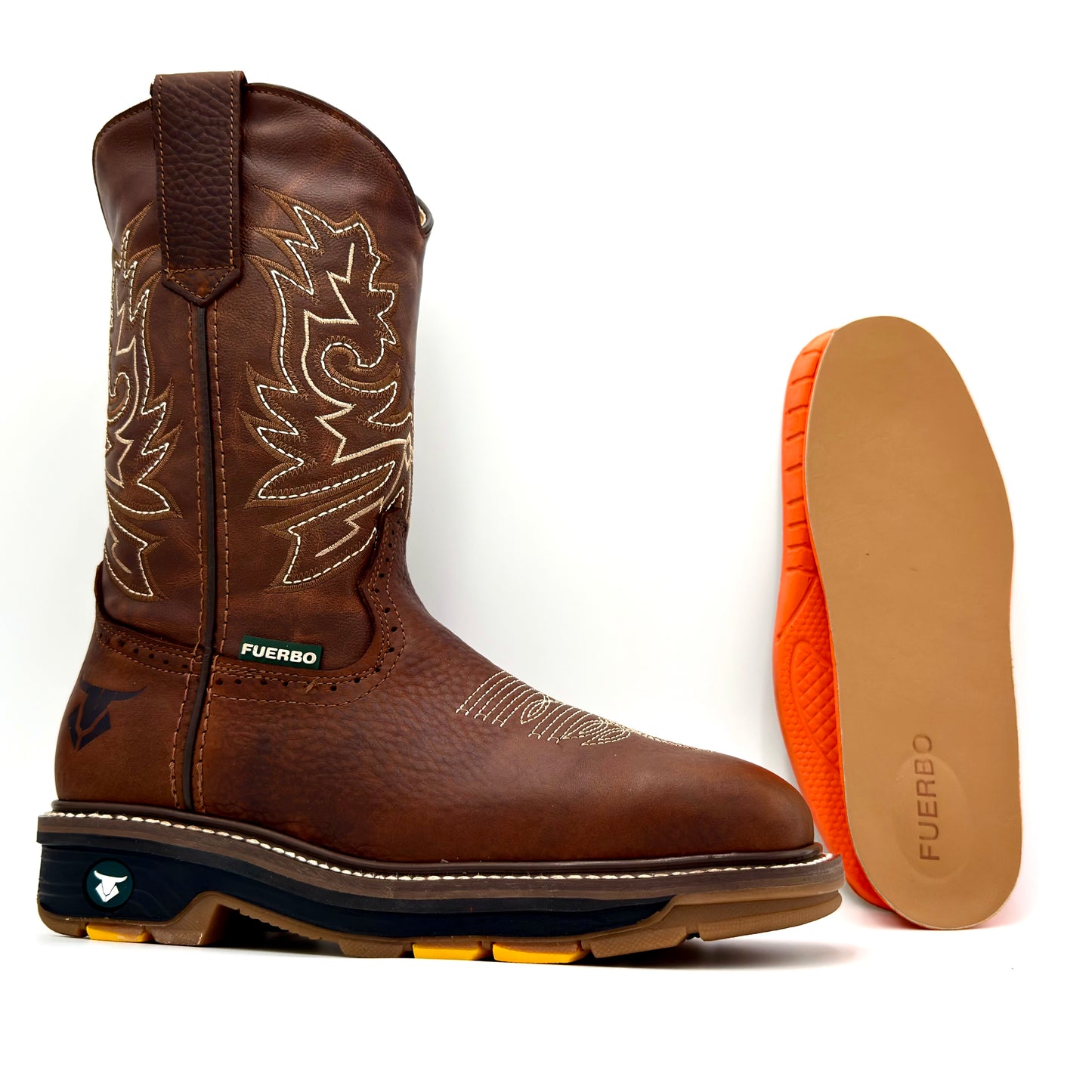Fuerbo 5061 Ocre Brown full grain leather rodeo work boot with removable leather-lined insole