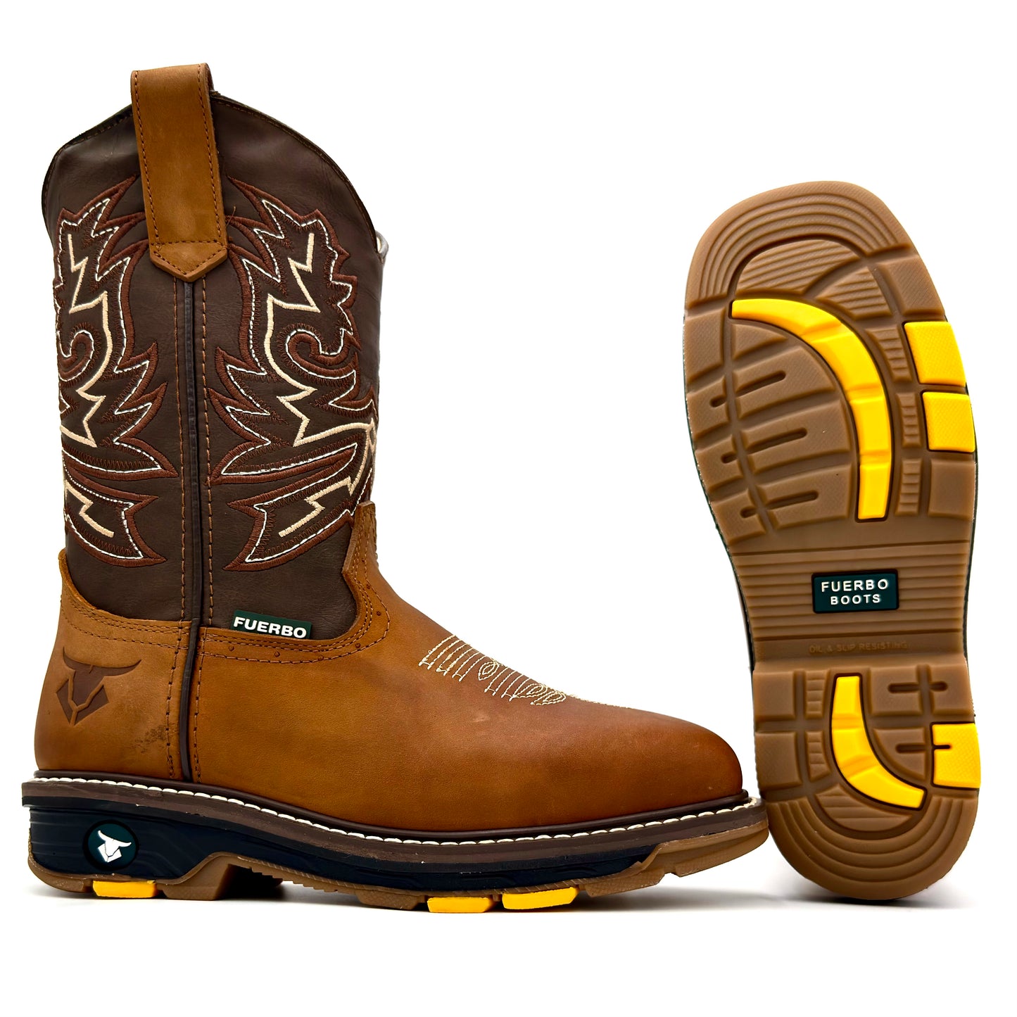 Fuerbo 5061 Mango Tan square toe rodeo work boot with dual density oil and slip resistant outsole