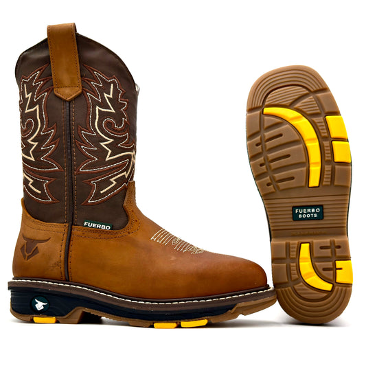 Fuerbo 5061 Mango Tan square toe rodeo work boot with dual density oil and slip resistant outsole