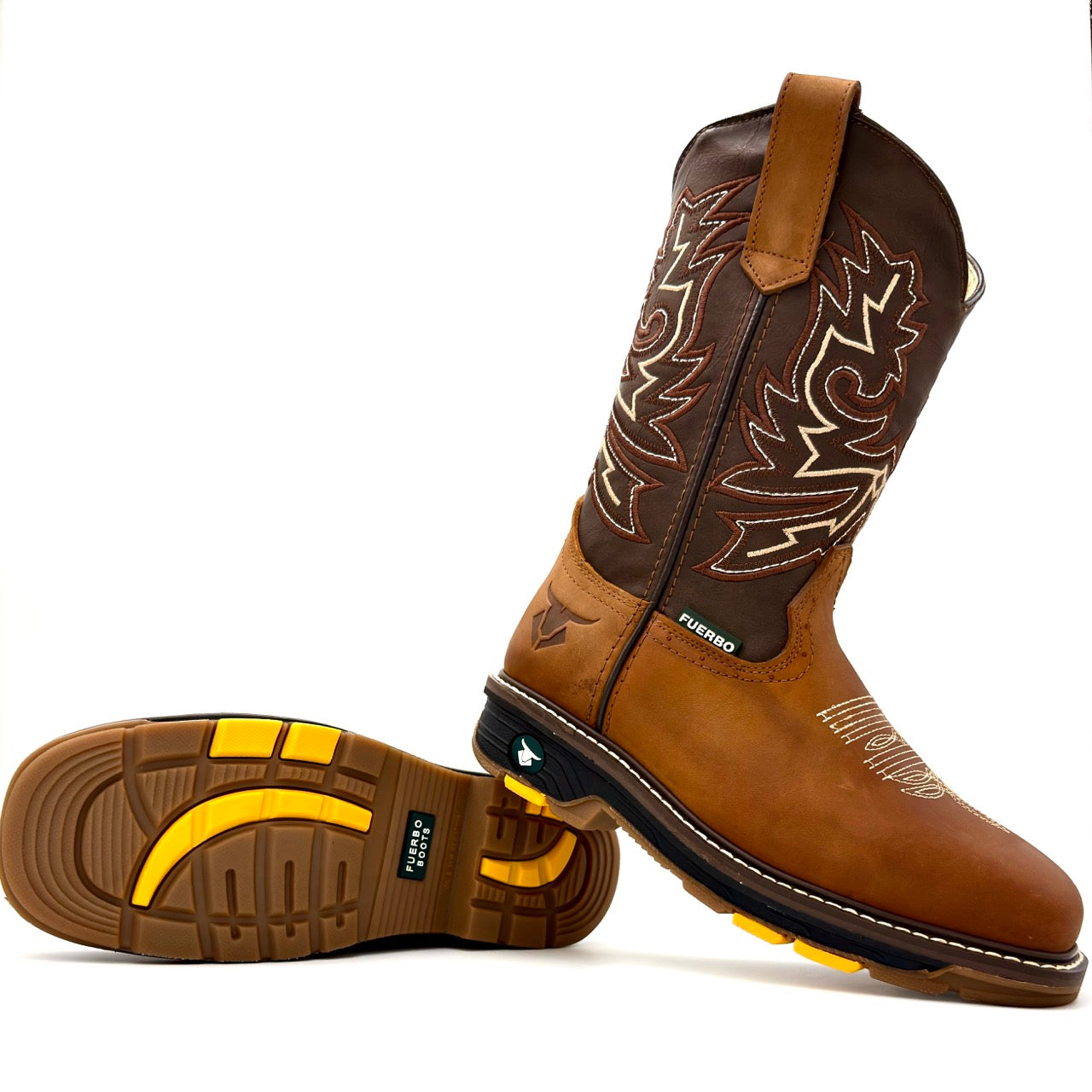 Fuerbo 5061 Mango Tan square toe work boot angled view with Goodyear welt sole