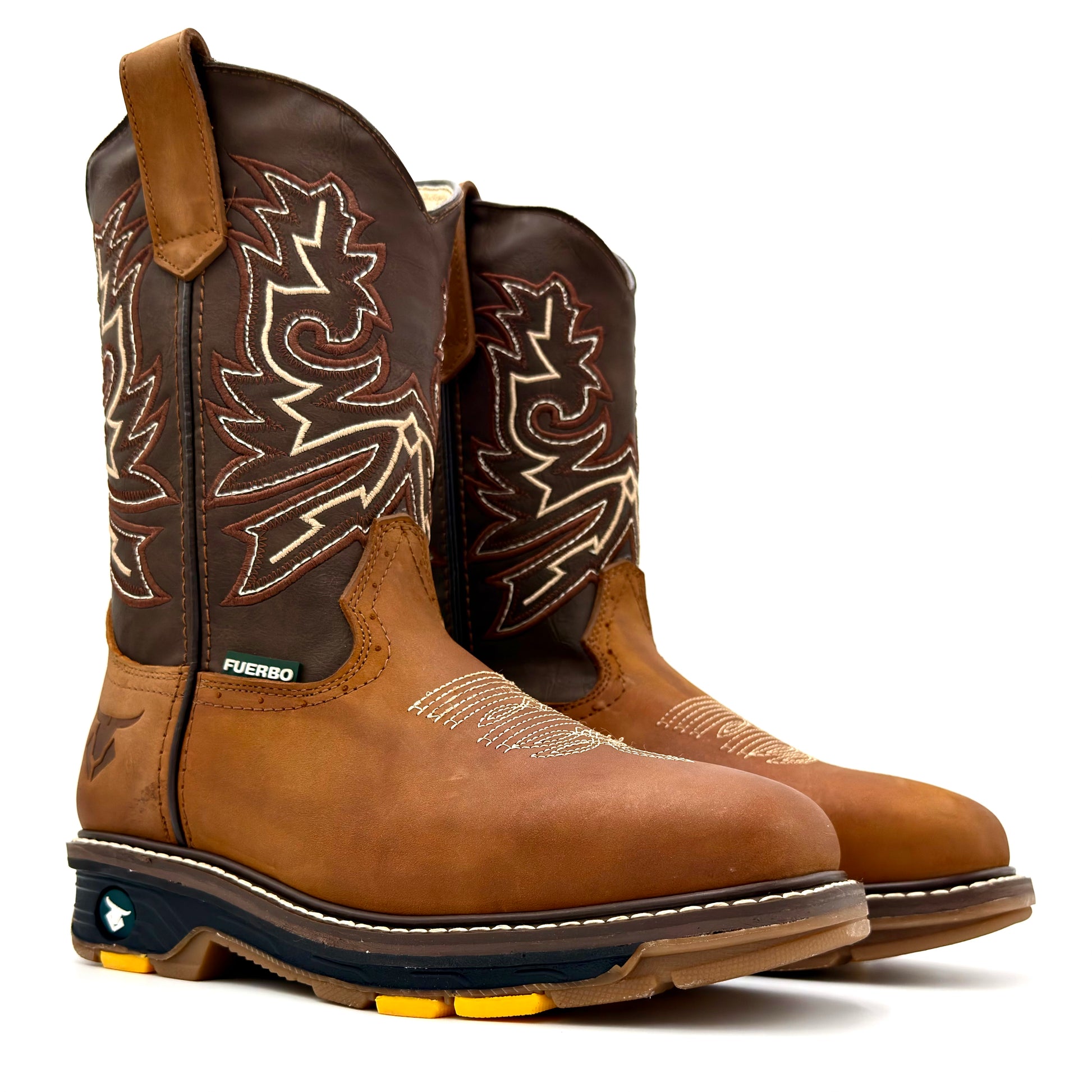 Fuerbo 5061 Mango Tan full grain leather rodeo work boots pair with embroidered shaft