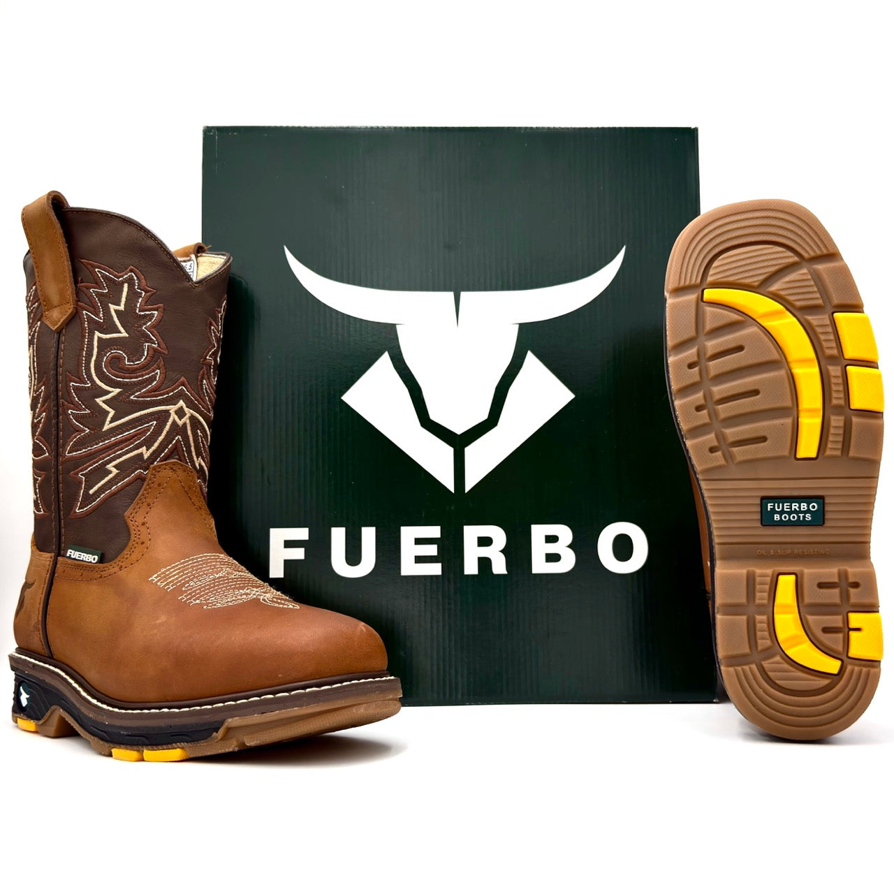 Fuerbo 5061 Mango Tan rodeo work boot with Fuerbo box and outsole view