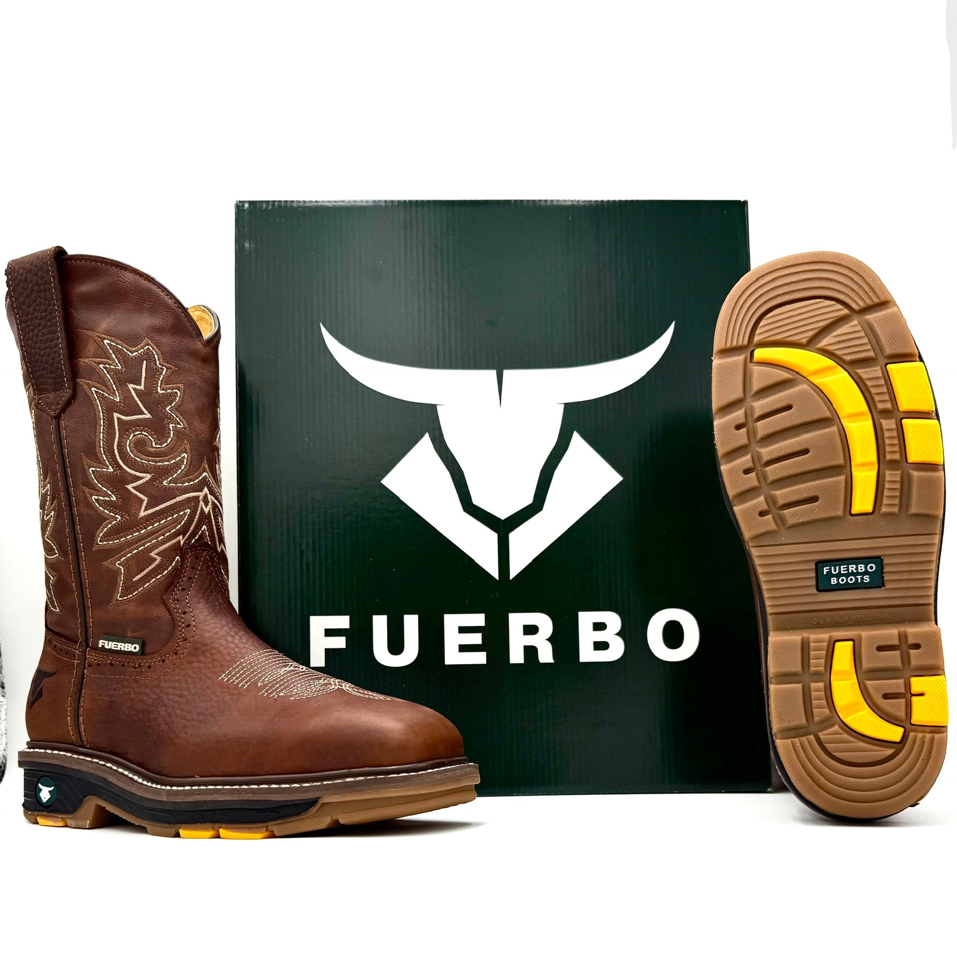 Fuerbo 5061 Ocre Brown rodeo work boot with Fuerbo box and outsole view