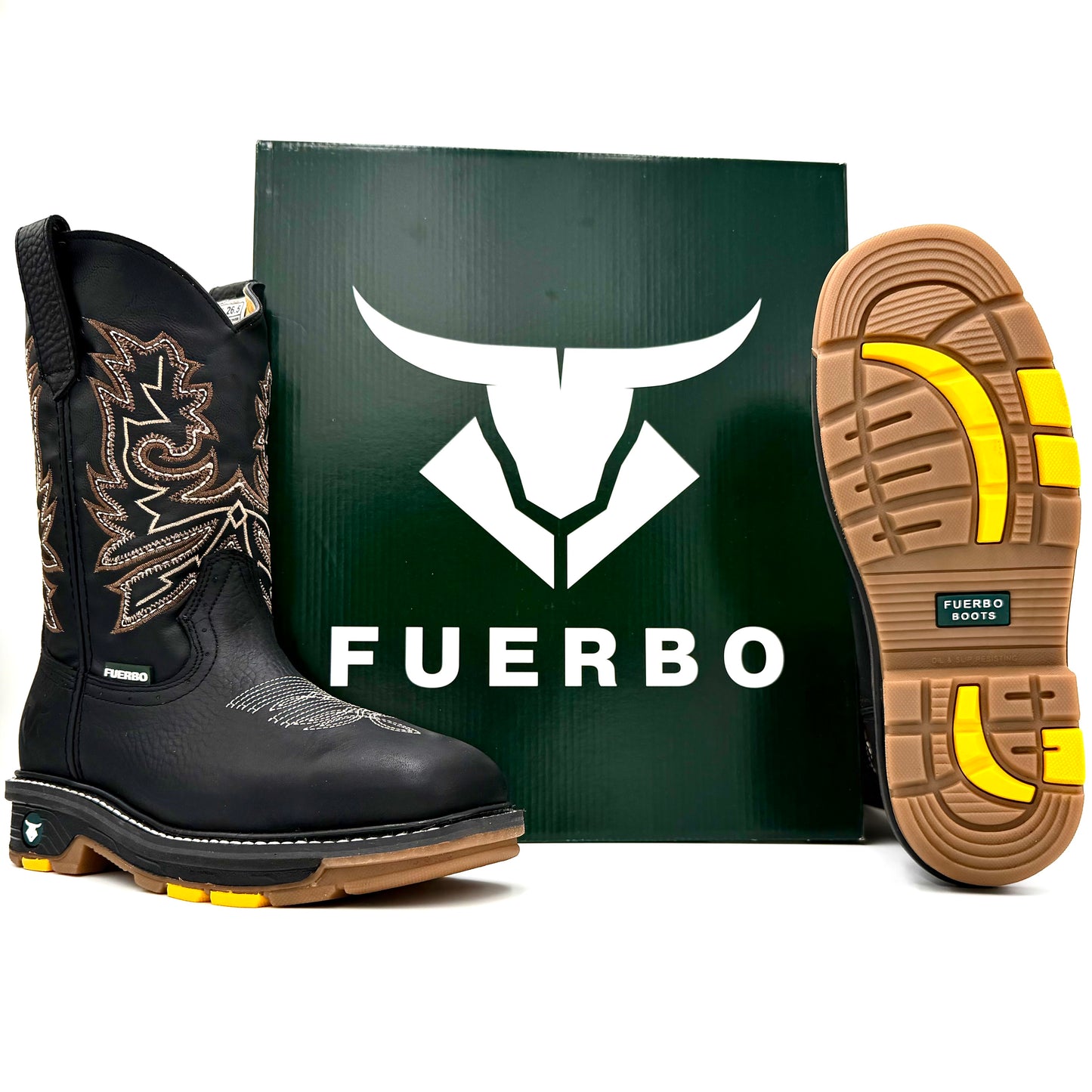 Fuerbo 5061 Black rodeo work boot with Fuerbo box and outsole view