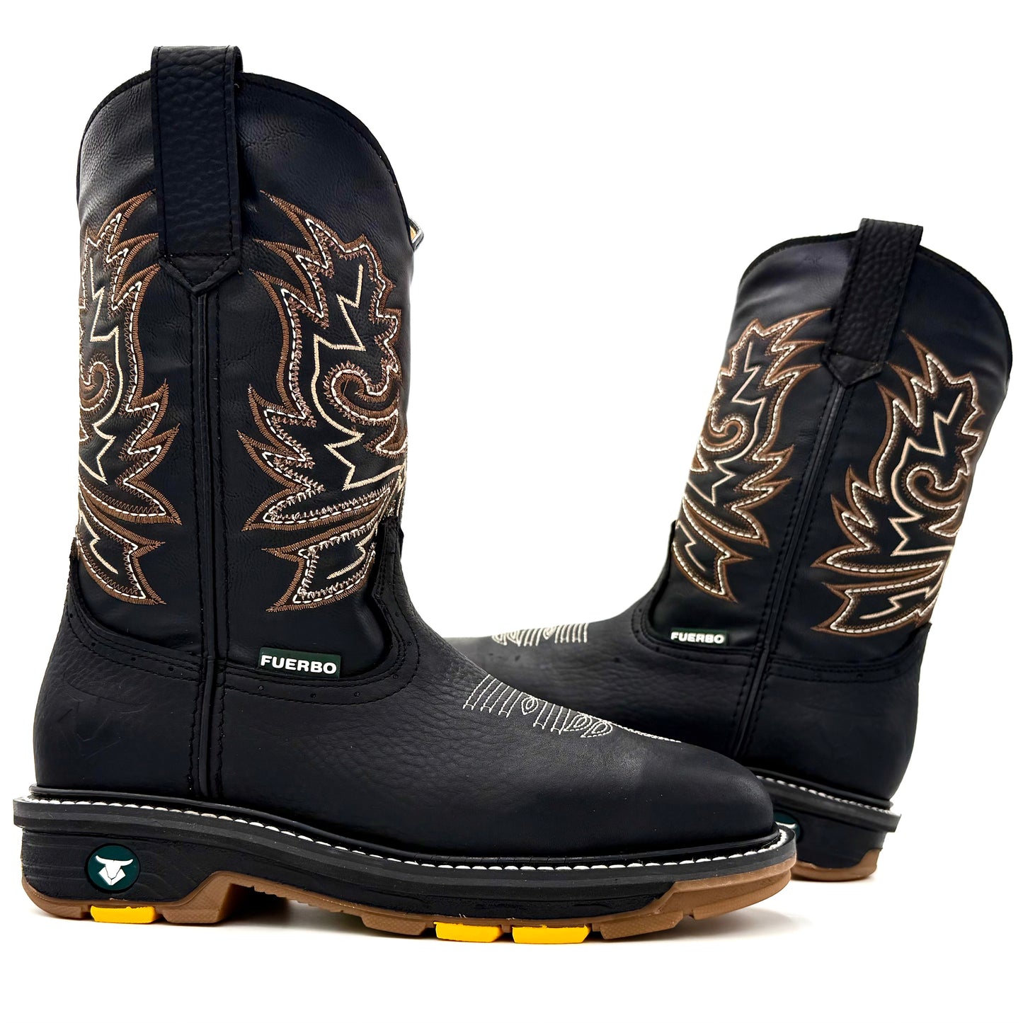 Fuerbo 5061 Black leather square toe rodeo work boots pair side view