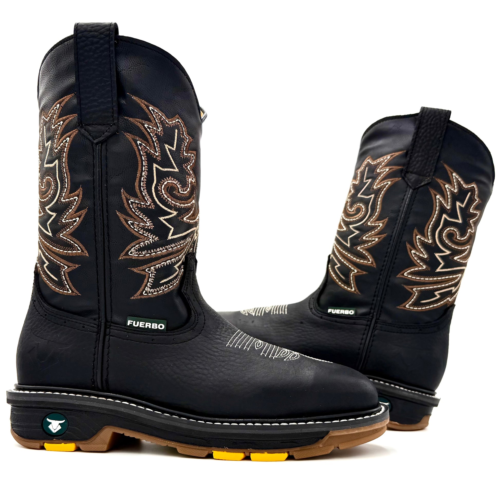 Fuerbo 5061 Black leather square toe rodeo work boots pair side view