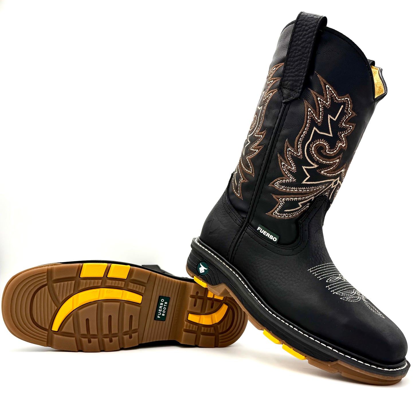 Fuerbo 5061 Black square toe work boot angled view with Goodyear welt sole