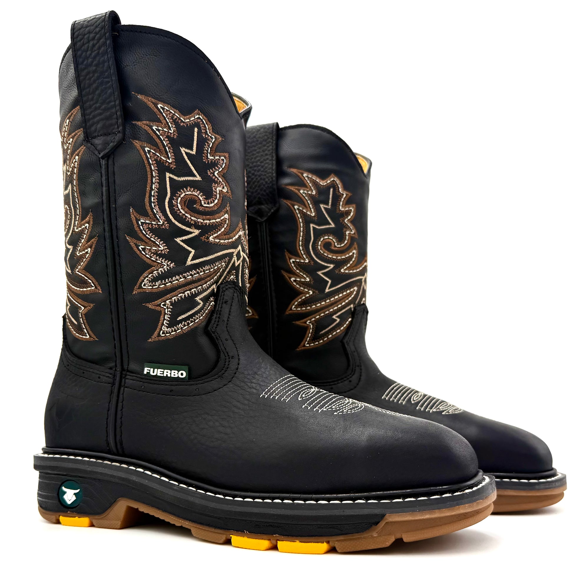 Fuerbo 5061 Black full grain leather rodeo work boots pair with embroidered shaft