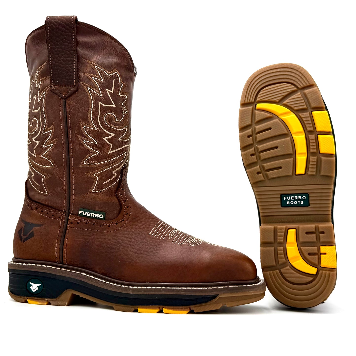 Fuerbo 5061 Ocre Brown square toe rodeo work boot with dual density outsole view