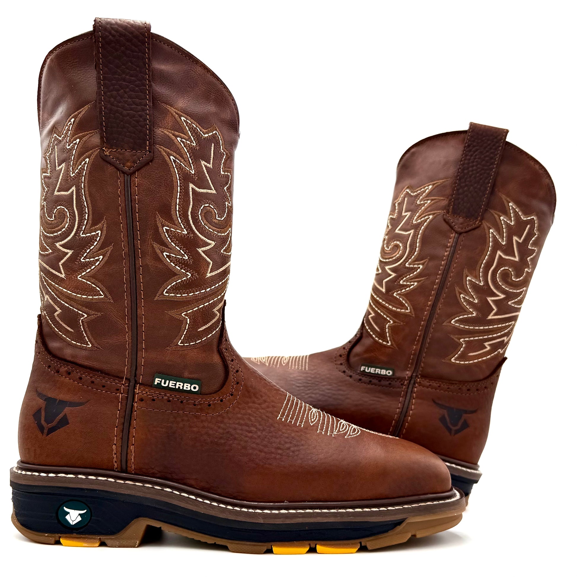 Fuerbo 5061 Ocre Brown leather square toe rodeo work boots pair side view