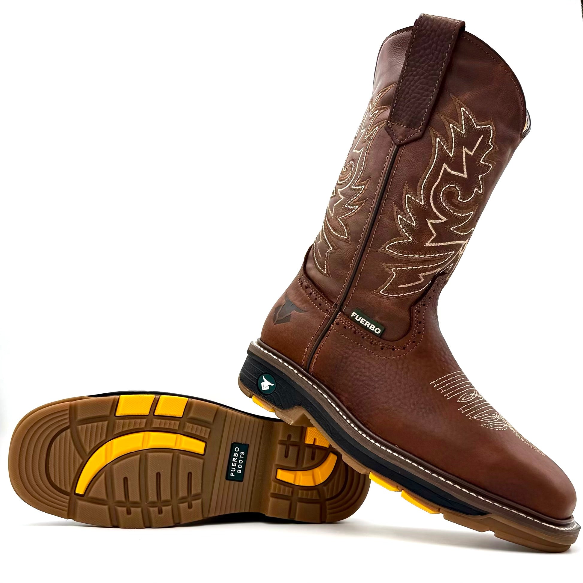 Fuerbo 5061 Ocre Brown square toe work boot angled view with Goodyear welt sole