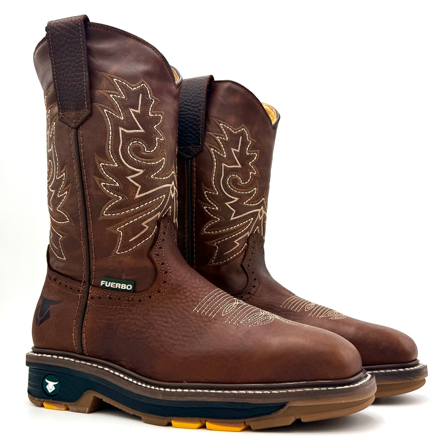 Fuerbo 5061 Ocre Brown full grain leather rodeo work boots pair with embroidered shaft