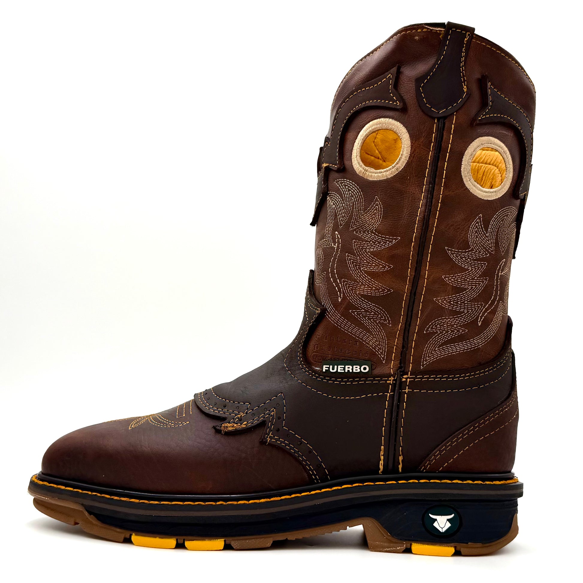 Side profile of a brown Fuerbo 5038 square-toe rodeo work boot with western stitching and a rugged dual-density outsole.