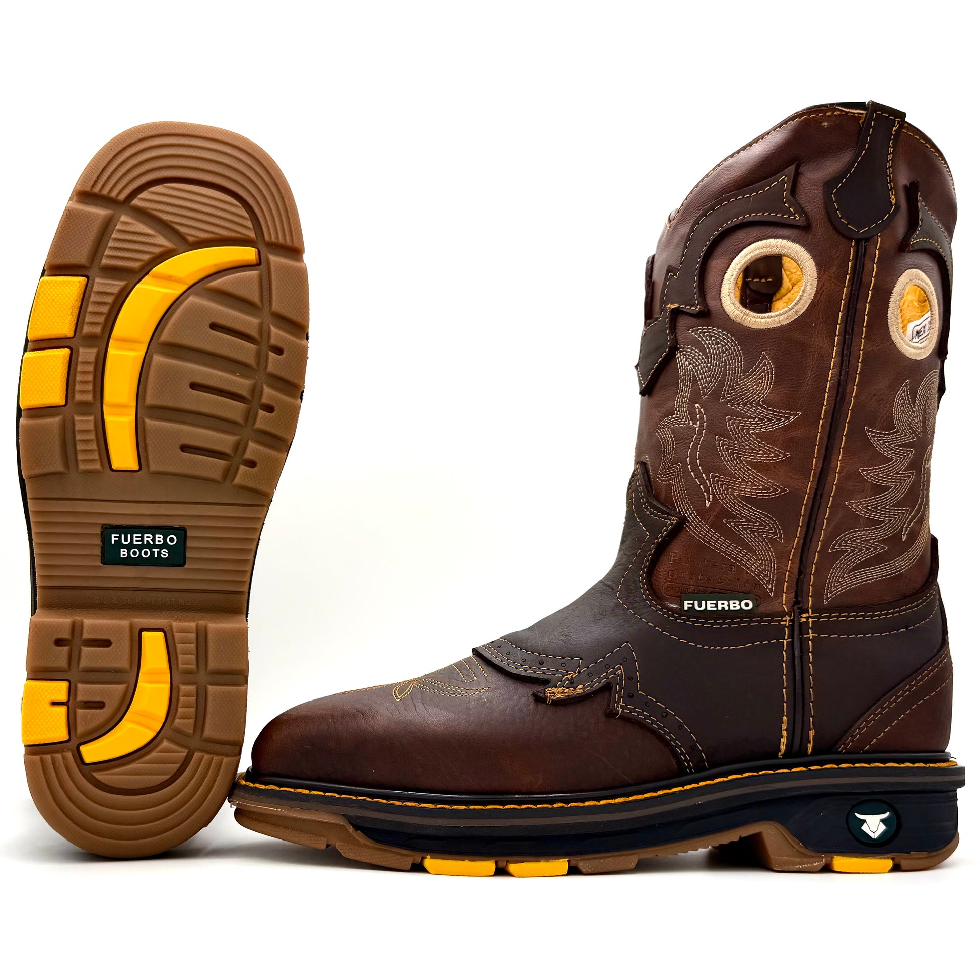 Brown leather Fuerbo square-toe rodeo work boot with western stitching, shown beside its brown-and-yellow treaded outsole.