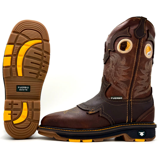 Brown leather Fuerbo square-toe rodeo work boot with western stitching, shown beside its brown-and-yellow treaded outsole.