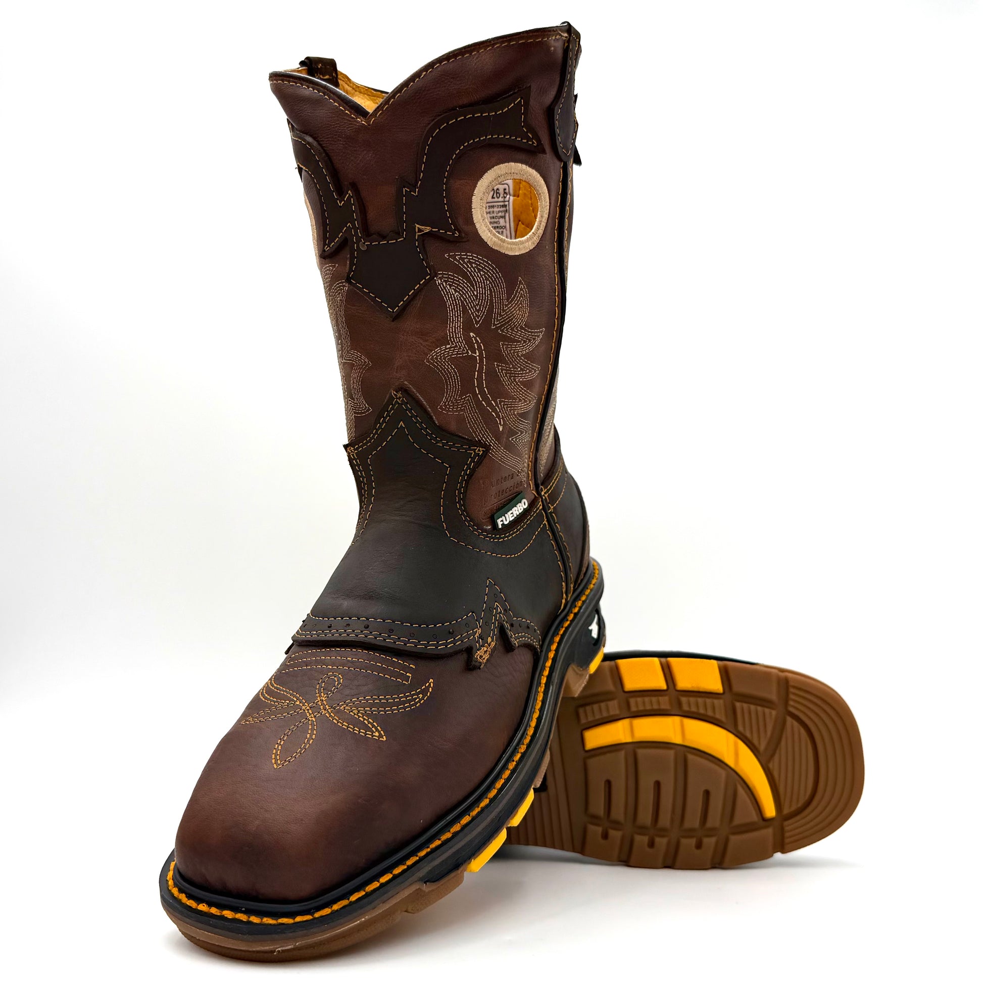 Brown leather Fuerbo square-toe rodeo work boots with western stitching, shown from the front with the brown-and-yellow treaded outsole visible.
