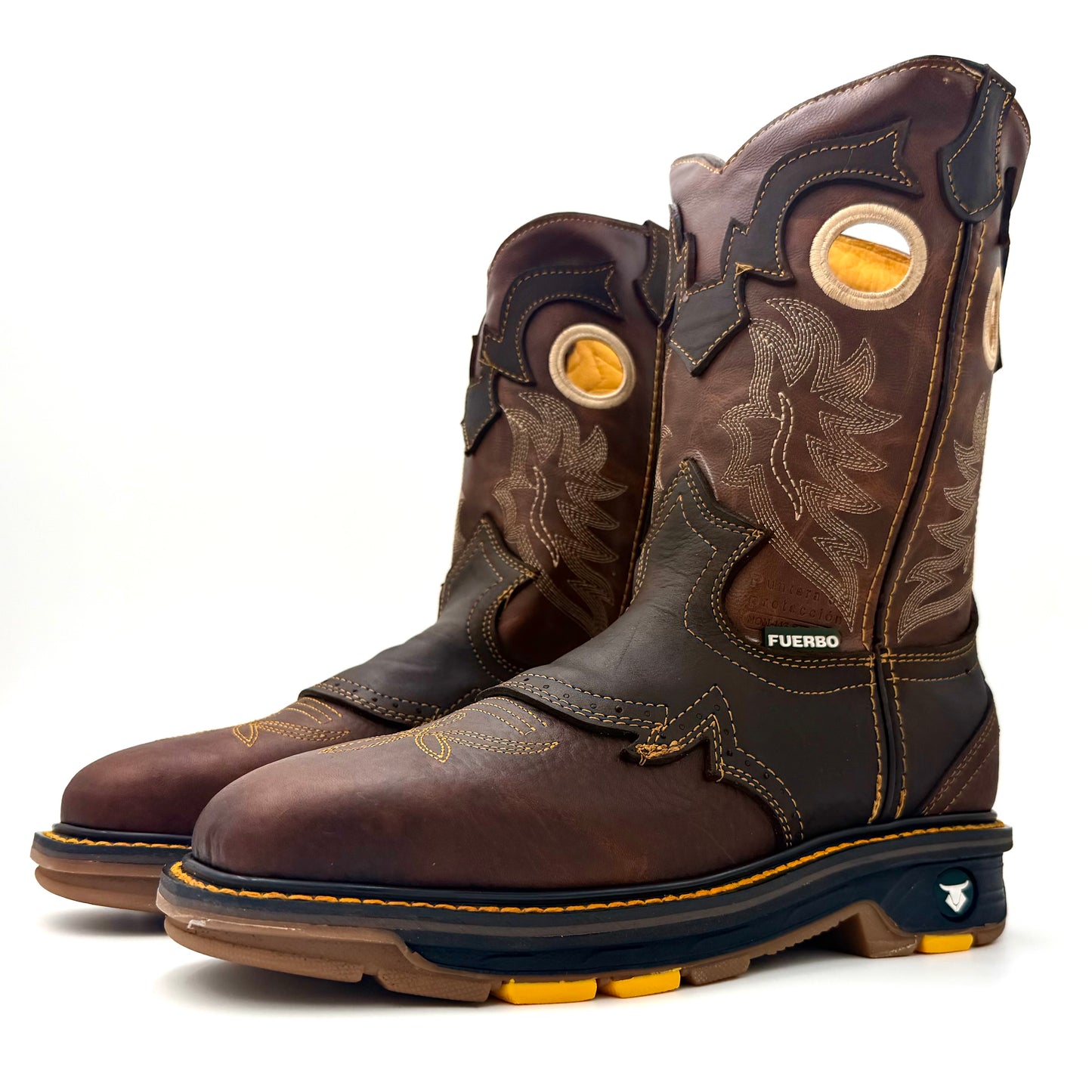 Pair of brown Fuerbo 5038 square-toe rodeo work boots in a front three-quarter view, showing western stitching and rugged soles.