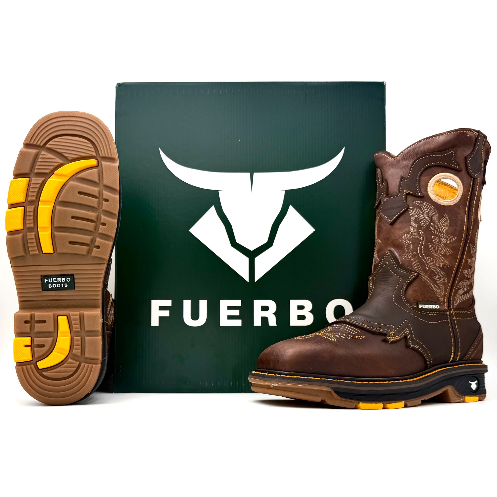Fuerbo 5038 square-toe rodeo work boots beside a green Fuerbo box, with one boot displaying the brown-and-yellow outsole.